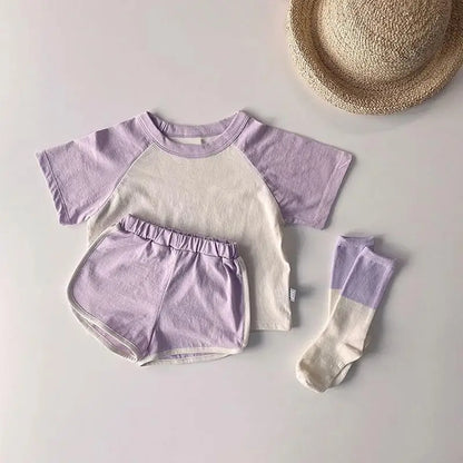 半袖セットアップ purple / 9M  73cm キッズセットアップ 2点セット パッチワーク カラフル 半袖Tシャツ+ショートパンツ ユニセックス