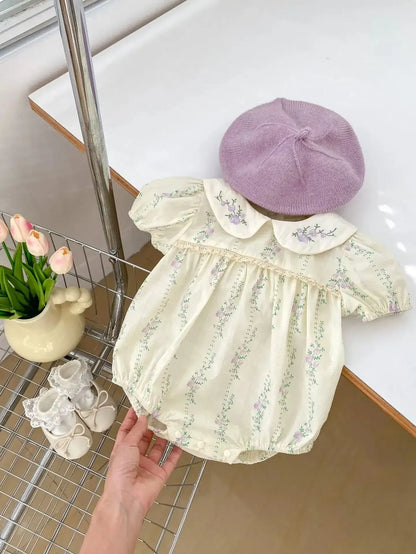 半袖ロンパース Purple Flower / 66cm ☺︎ ベビーロンパース 半袖ボディースーツ 丸襟 フラワー花柄プリント