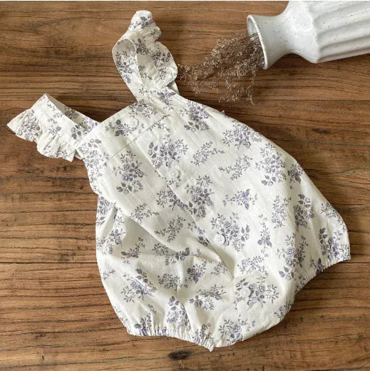 ノースリーブロンパース purple flowers / 66cm 0-6m ベビーロンパース サスペンダーフリルボディスーツ フラワー花柄プリント 2カラー