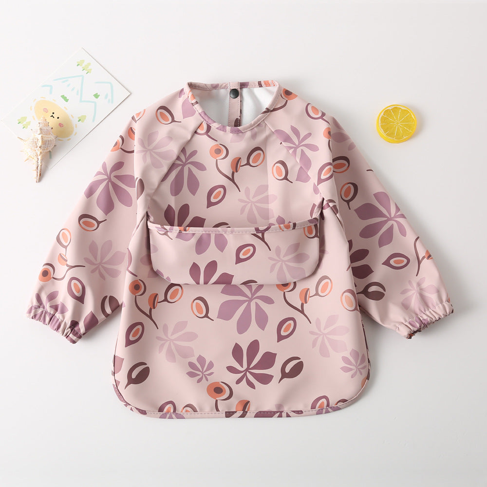 よだれかけ purple flowers / S Long Sleeve PU Waterproof Bib 長袖 PU 防水 お食事エプロン【mh0012236】