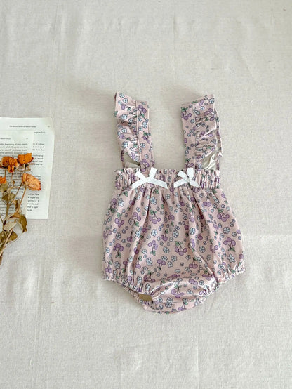 ノースリーブロンパース purple pant / 66cm 0-6m / 取り寄せ（7〜21日） ベビーロンパース フリルサスペンダーブルマ ノースリーブボディスーツ フラワー花柄プリント 長袖Tシャツ