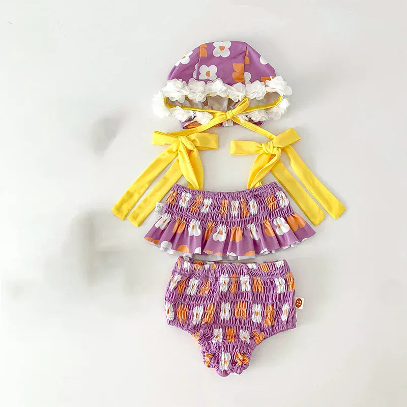 ベビー用水着 purple set / 73cm ベビー水着 ビキニ セパレート スイムウェア リボン 帽子セット 3カラー【mh0004919】