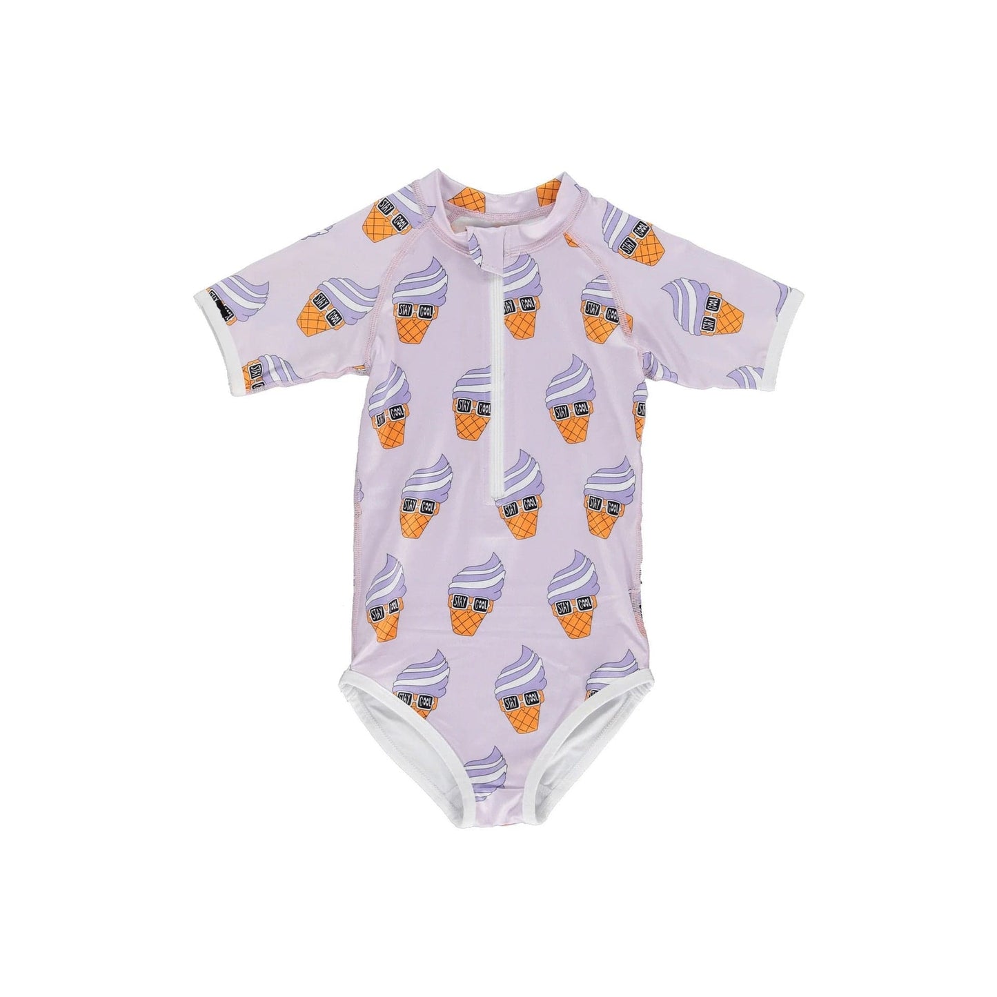 ベビー用水着 Purple sweet cone / 80cm キッズ 水着 半袖 つなぎ ラッシュガード ワンピース ガールズ シェル ボーダー アイスクリーム スイムウェア 6スタイル【mh0002228】