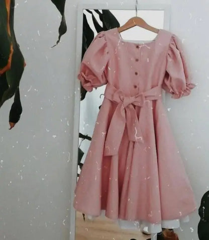 半袖ワンピース Q601 pink / 90CM 1-2Y キッズワンピース 半袖パフスリーブサマードレス バックリボン お出かけ 2カラー