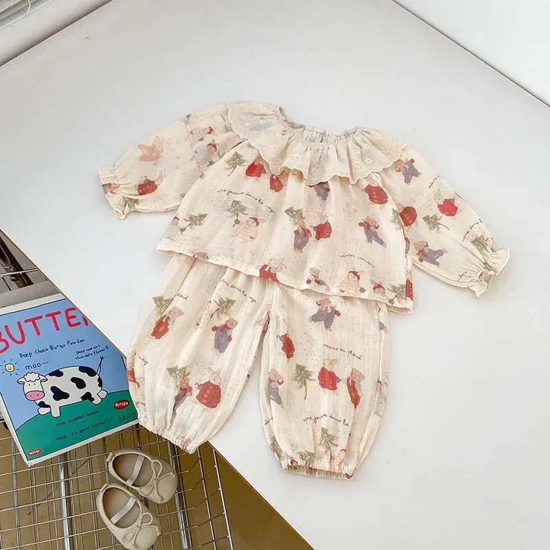 長袖パジャマ rabbit bear / 73cm 6-9M ベビーキッズパジャマ プリント柄ラッフルフリル襟長袖ブラウス+ロングパンツ 3デザイン【mh0007481】