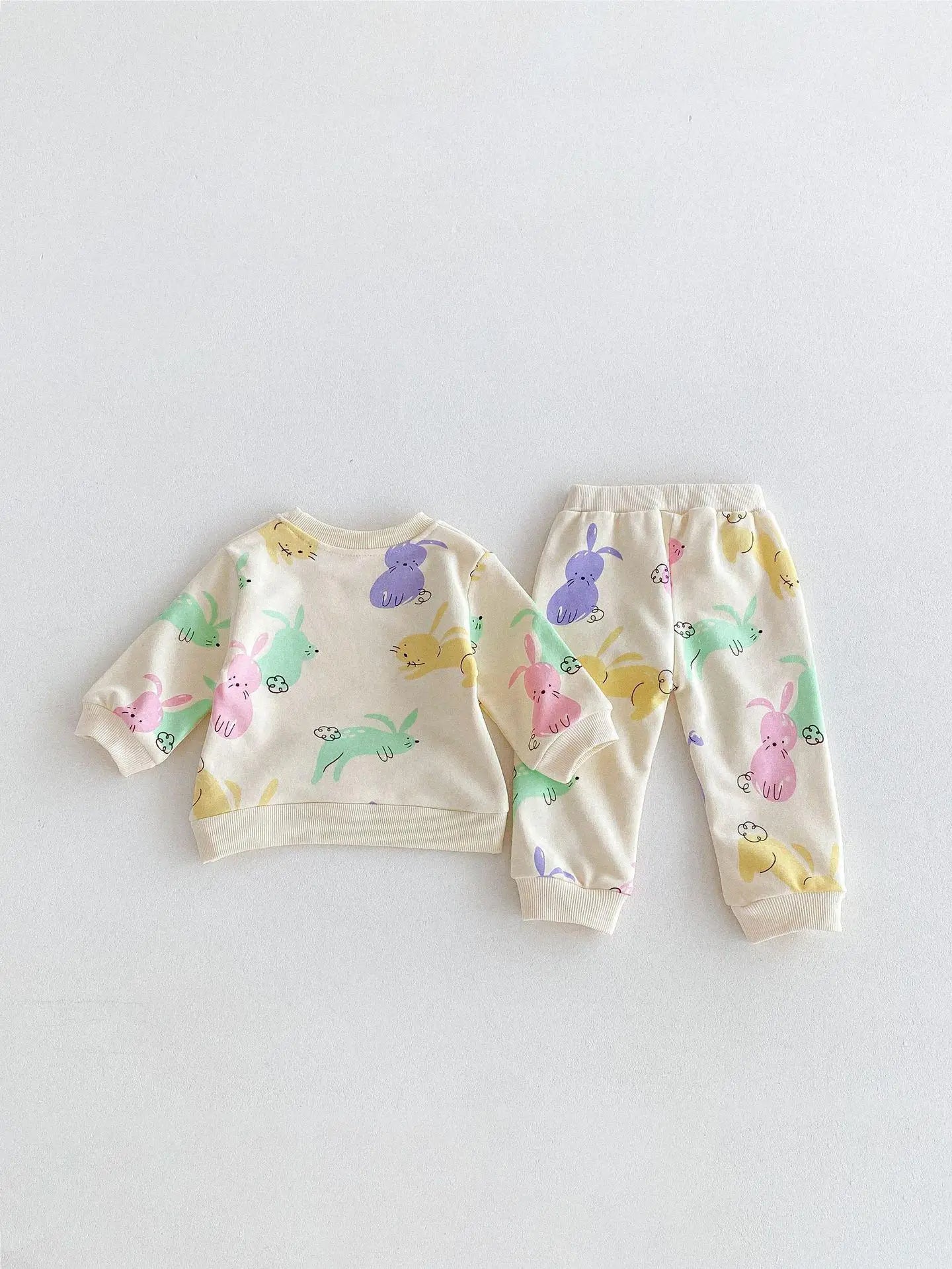 長袖セットアップ rabbit set / 9M  73cm ベビーキッズセットアップ 2点セット スウェットシャツ+スウェットパンツ レトロフラワー/カラフルラビットプリント