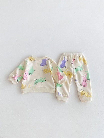 長袖セットアップ rabbit set / 9M  73cm ベビーキッズセットアップ 2点セット スウェットシャツ+スウェットパンツ レトロフラワー/カラフルラビットプリント