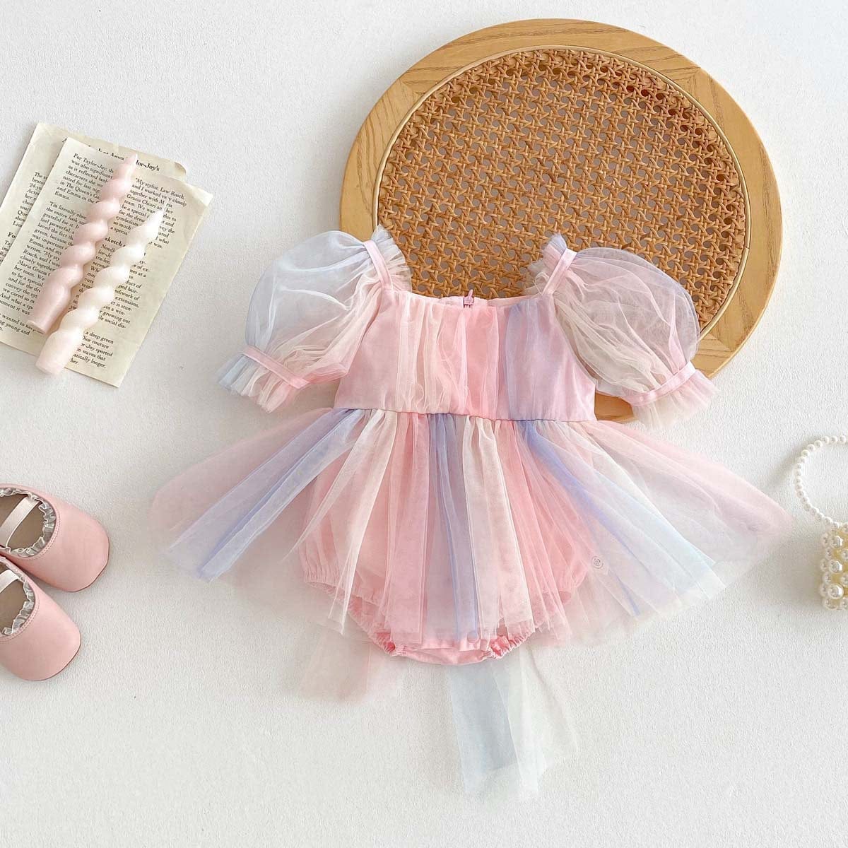 半袖ロンパース rainbow / 66cm レインボーチュール半袖パフスリーブドレスロンパース【mh0010321】