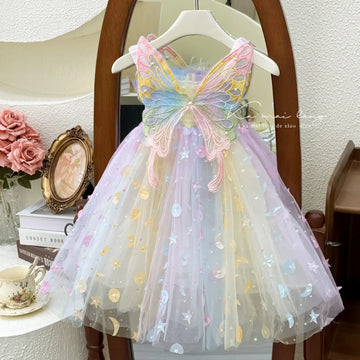 ノースリーブワンピース rainbow / 90cm 1-2y キッズワンピース レインボーチュールスパンコールバタフライノースリーブプリンセスドレスワンピース【mh0007663】