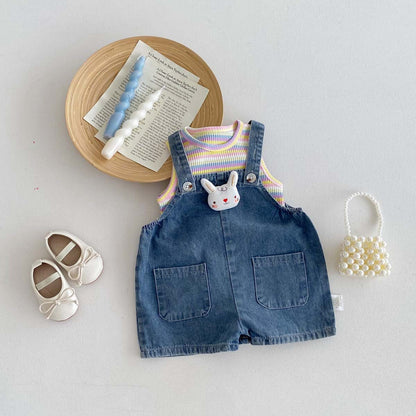 ノースリーブセットアップ Rainbow vest denim strap set / 73cm レインボータンクトップ+うさ耳しっぽデニムオーバーオールセットアップ 2点セット【mh0010332】