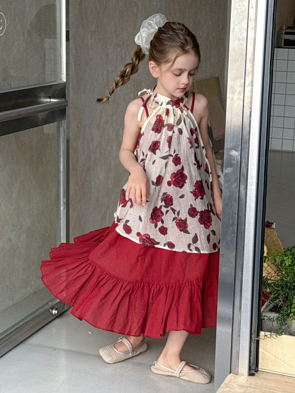 ノースリーブワンピース Red / 100cm ローズフラワーホルターネックジレトップス+キャミソールワンピースセット【mh0010391】