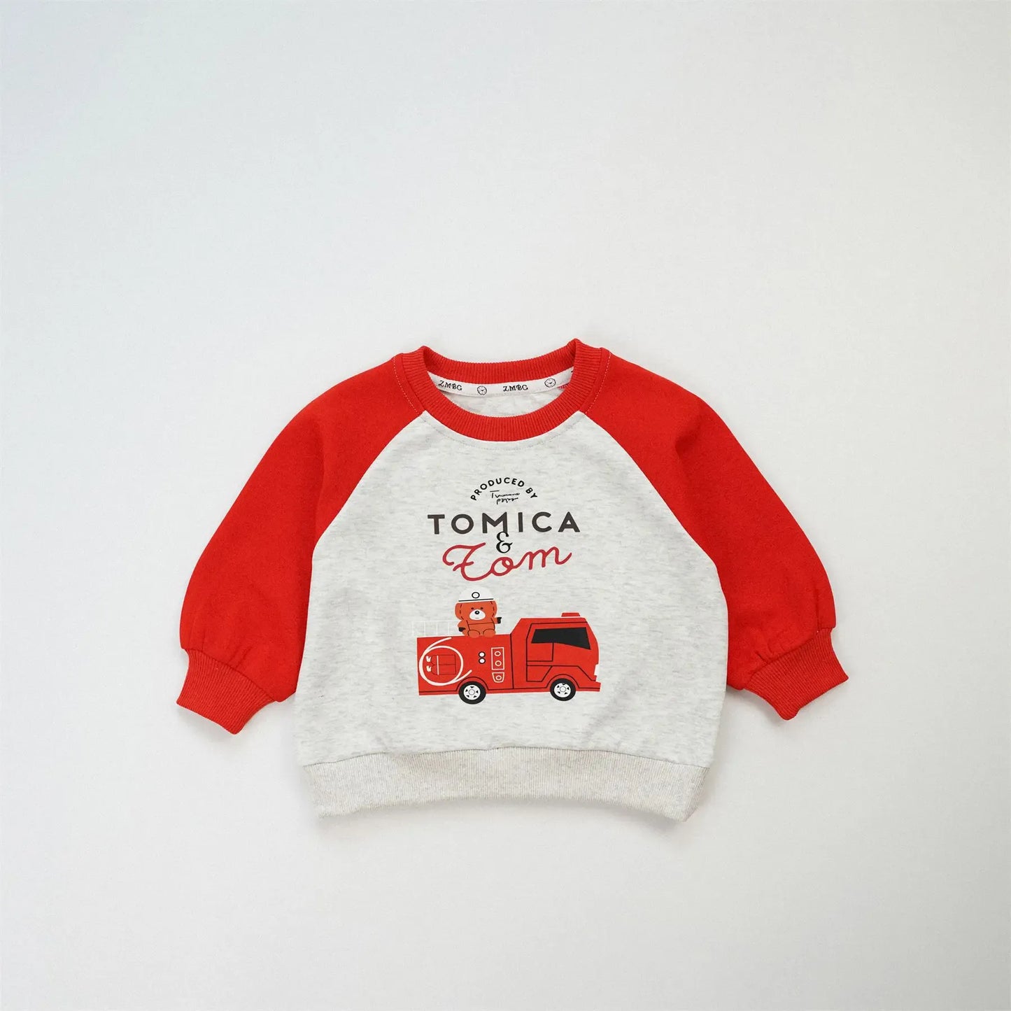 トレーナー・フーディ Red / 12M  80CM キッズトップス 働く車プリントラグランパッチワーク長袖スウェットシャツ【mh0008576】