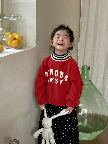 トレーナー・フーディ Red / 24M  90CM キッズトップス ボーダーリブニットハイネックドッキング長袖スウェットシャツ【mh0007991】