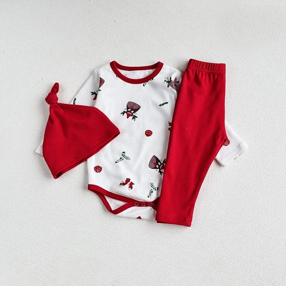 ロンパースセットアップ Red / 3-6M 66cm ベビーセットアップ 2点セット クリスマスプリント長袖ロンパース+ロングパンツ+ニットキャップ 2カラー【mh0007692】