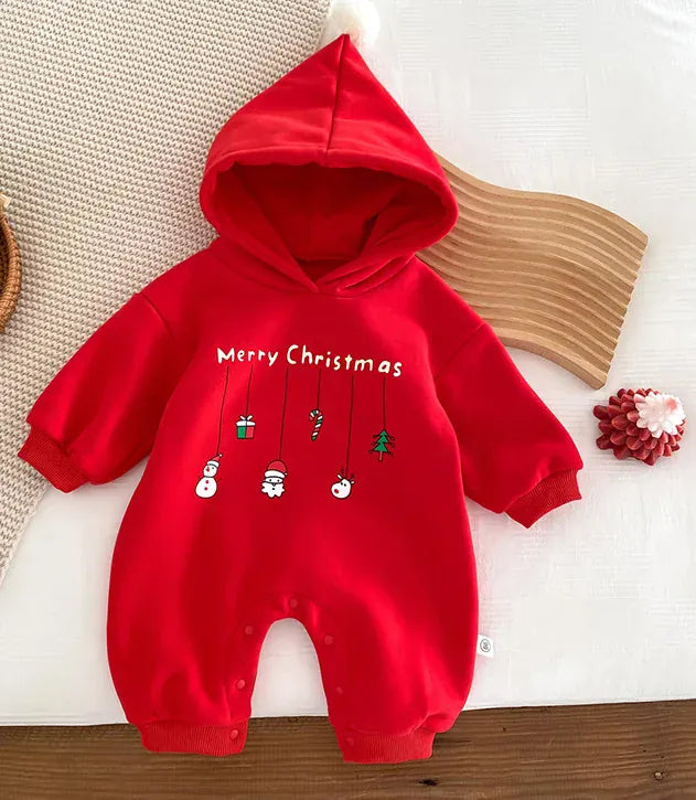 長袖ロンパース Red / 3-6M 66cm キッズジャンプスーツ クリスマスプリントフーディ長袖ロンパース 2カラー【mh0007681】