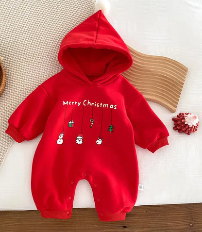 長袖ロンパース Red / 3-6M 66cm キッズジャンプスーツ クリスマスプリントフーディ長袖ロンパース 2カラー【mh0007681】