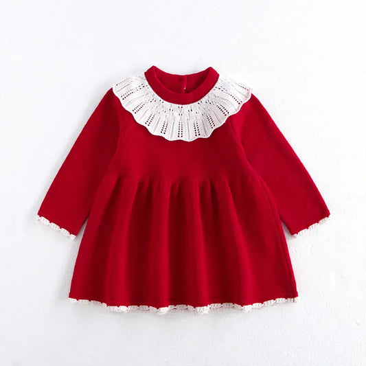 長袖ワンピース Red / 6-9M  73cm ベビーキッズワンピース レース襟ニット長袖ワンピース レッド【mh0007687】