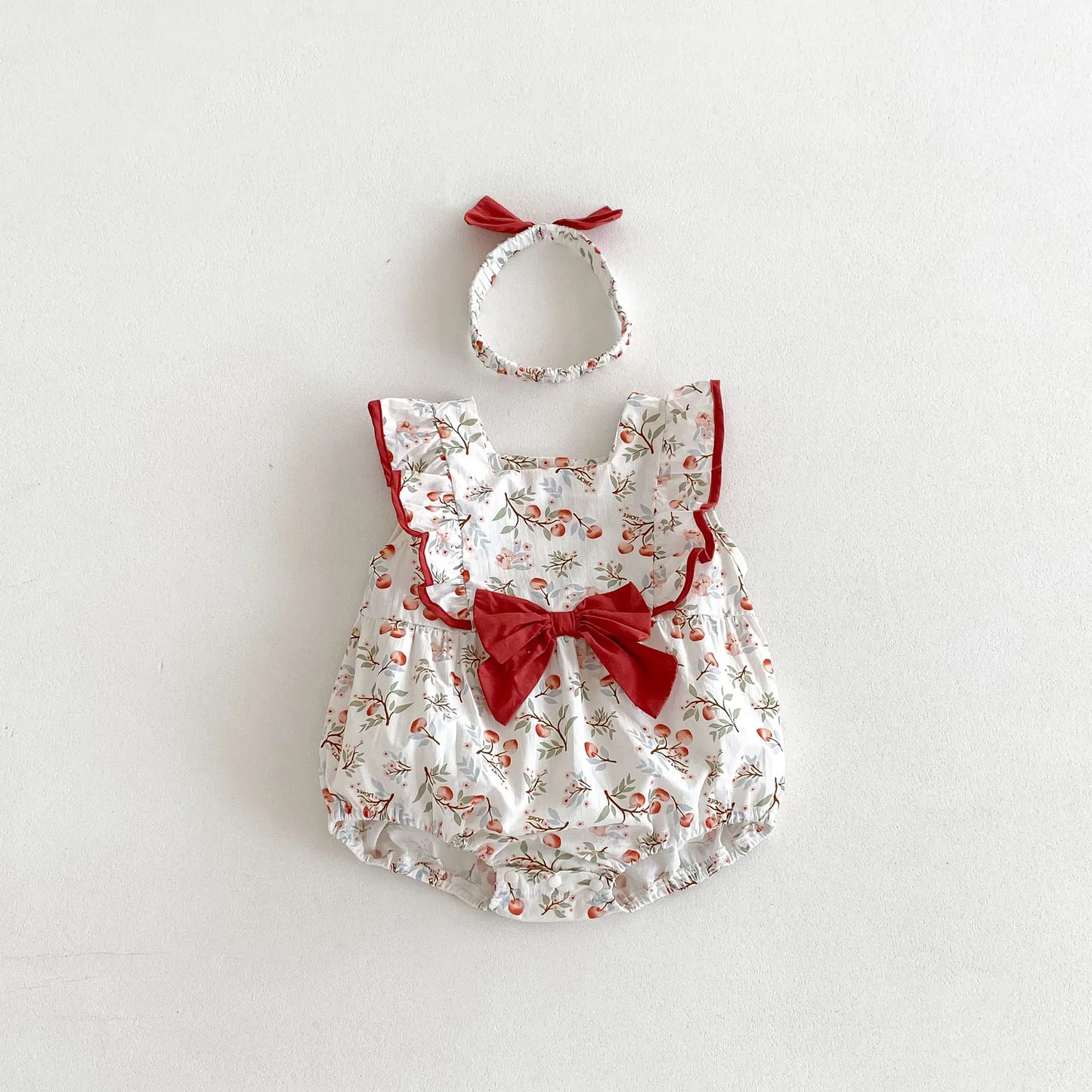 ノースリーブロンパース red / 66cm 0-6m ベビーロンパース ヘアバンドセット ノースリーブリボンフリルボディスーツ