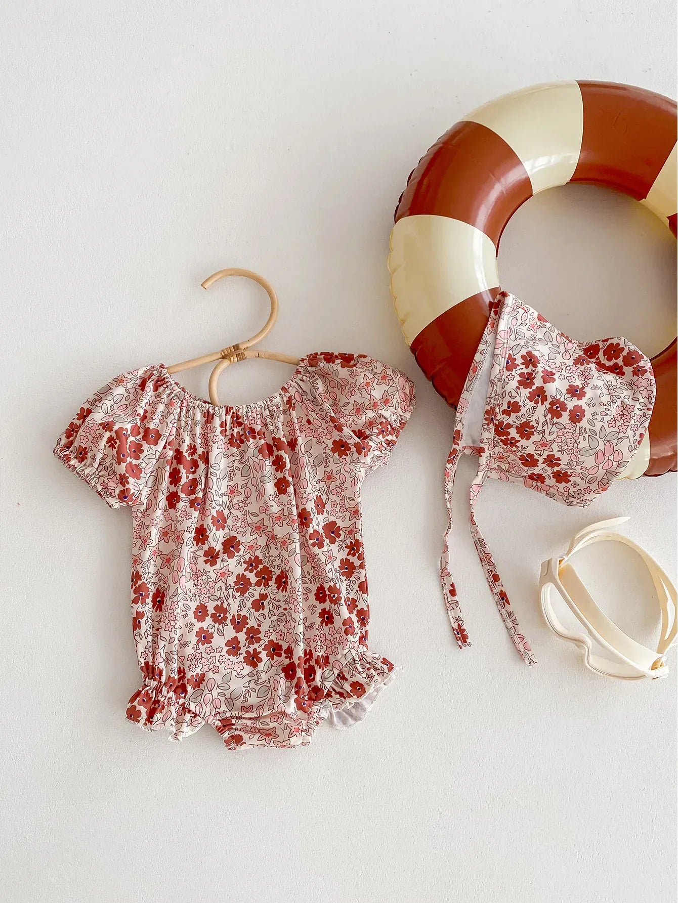 ベビー用水着 Red / 66cm 0-6m ベビー水着 帽子セット 半袖パフスリーブ ワンピース フラワー花柄/水玉ドットプリント ガールズスイムウェア【mh0005268】