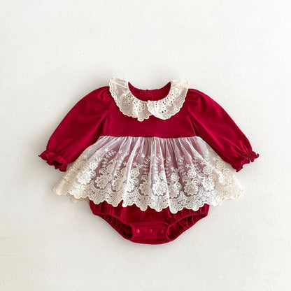 長袖ロンパース Red / 66cm 0-6m ベビーロンパース レース襟フリルスカート長袖ボディスーツ レッド【mh0007148】