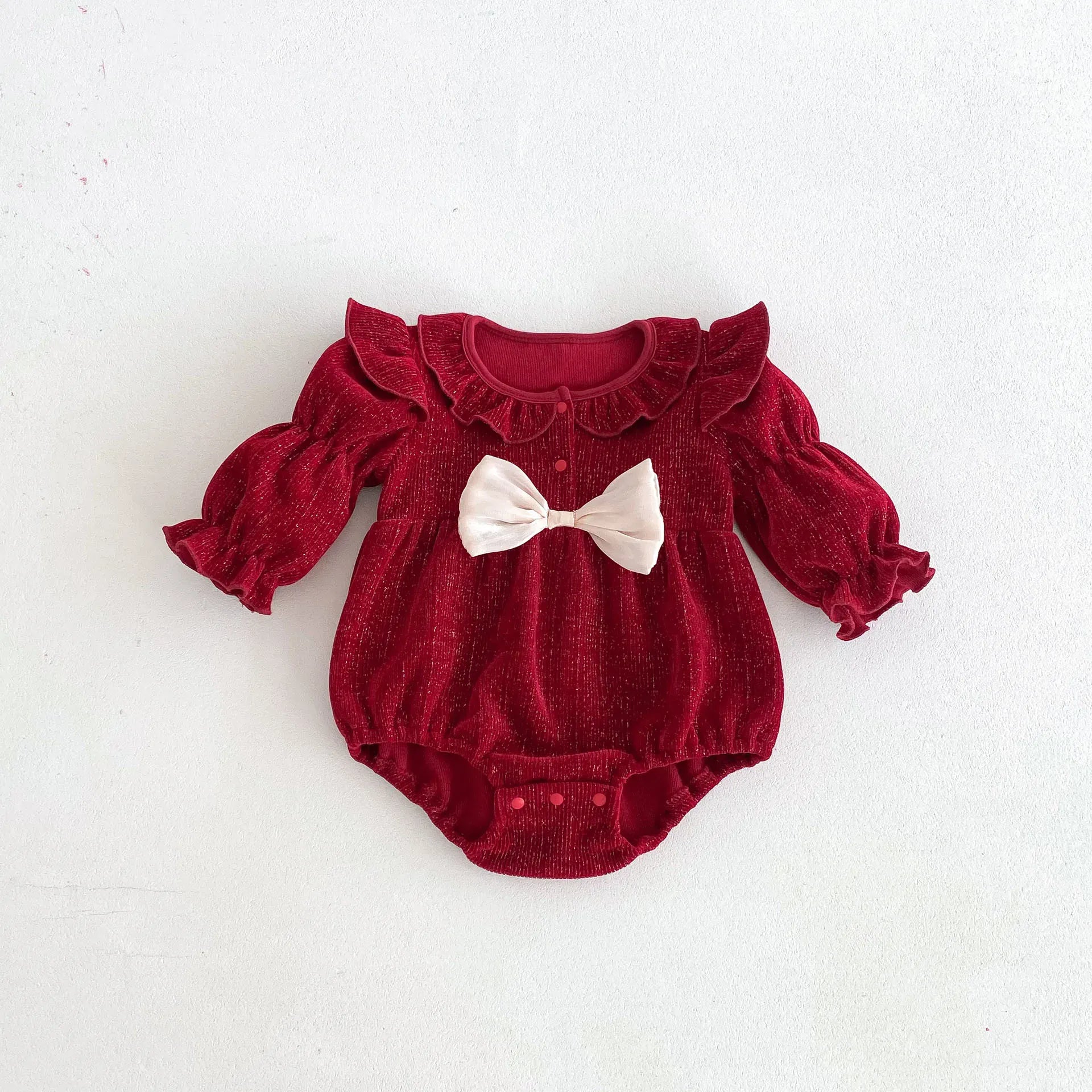 長袖ロンパース Red / 66cm 0-6m ベビーロンパース リボン長袖バブルスリーブショルダーフリル襟付きボディスーツ レッド【mh0007402】