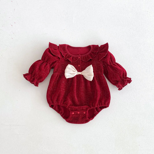 長袖ロンパース Red / 66cm 0-6m ベビーロンパース リボン長袖バブルスリーブショルダーフリル襟付きボディスーツ レッド【mh0007402】