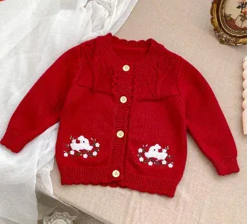 カーディガン・パーカー Red / 66cm 0-6m ベビーカーディガン/トップス うさぎラビット刺繍長袖ニットジャケット/ラッフル襟長袖Tシャツ【mh0007461】