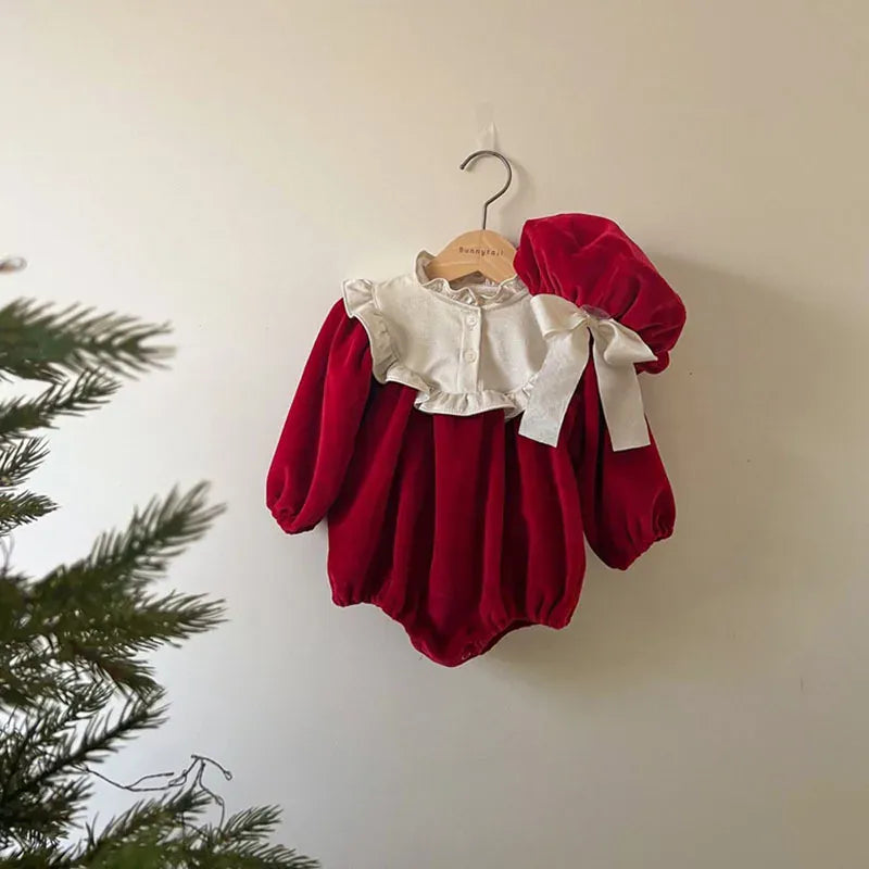 長袖ロンパース red / 66cm ベビー長袖ロンパース 帽子セット フリルスタンドカラー リボン付きベレー帽 レッド ブラック 2カラー ガールズ 女の子 子供服