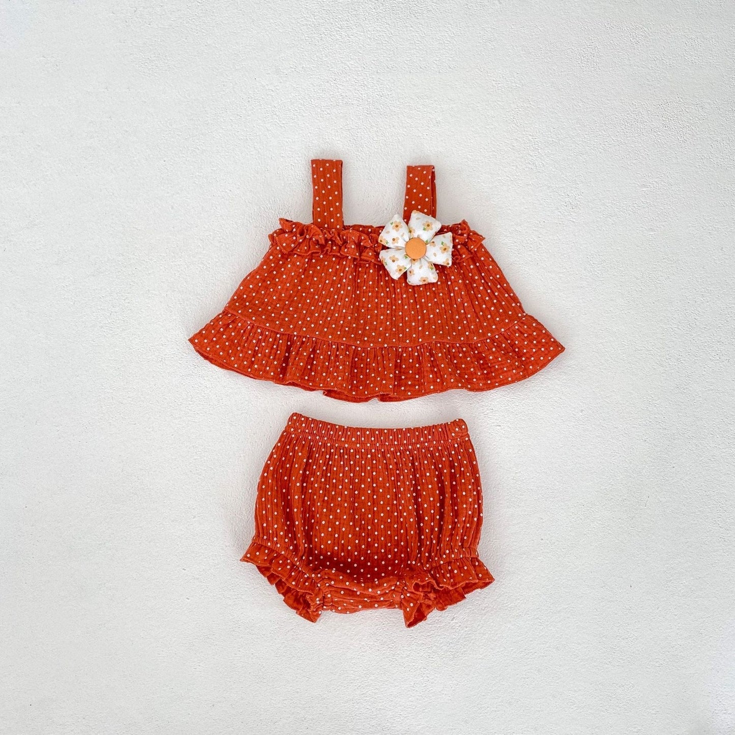 ノースリーブセットアップ Red / 66cm ピンドットフラワーアクセントキャミソールトップス+ブルマパンツセットアップ 2点セット【mh0010165】