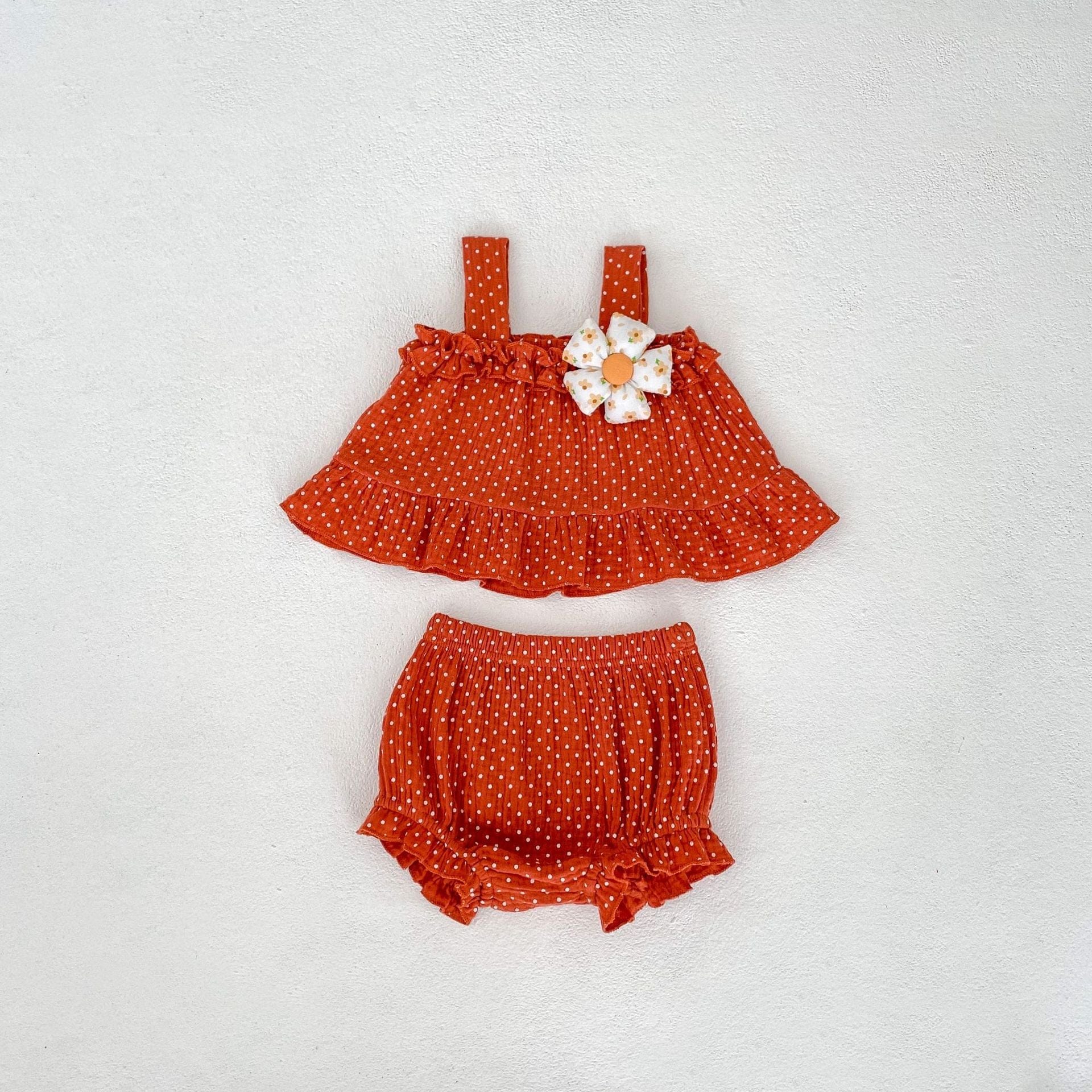 ノースリーブセットアップ Red / 66cm ピンドットフラワーアクセントキャミソールトップス+ブルマパンツセットアップ 2点セット【mh0010165】