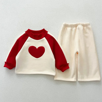 長袖セットアップ Red / 66cm 6M ベビーキッズセットアップ 2点セット ハートラグランパッチワークフリース長袖スウェットシャツ+ロングスウェットパンツ【mh0008019】