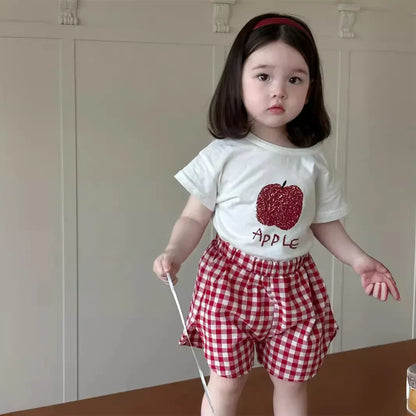 半袖セットアップ Red / 6M  66CM ベビーセットアップ 2点セット 半袖Tシャツ+ショートパンツ フルーツプリント チェック 2カラー【mh0006274】
