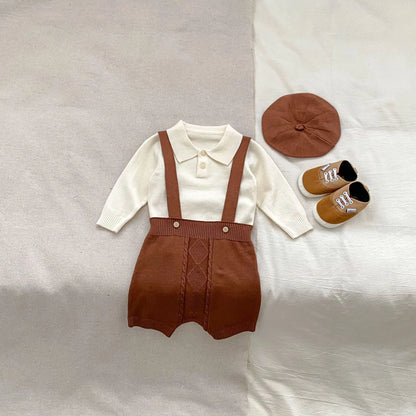 長袖セットアップ Red / 6M  66CM ベビーセットアップ 3点セット ニット長袖ポロシャツ+ニットサスペンダーショートパンツ+ベレー帽【mh0008555】