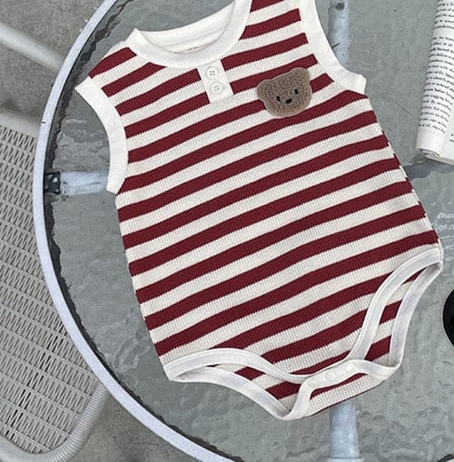 ノースリーブロンパース Red / 6M/66cm ベビー ワッフル ボーダー くま ベア ワッペン ノースリーブ ロンパース 4カラー ユニセックス【mh0002070】