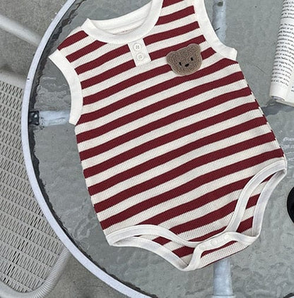 ノースリーブロンパース Red / 6M/66cm ベビー ワッフル ボーダー くま ベア ワッペン ノースリーブ ロンパース 4カラー ユニセックス【mh0002070】