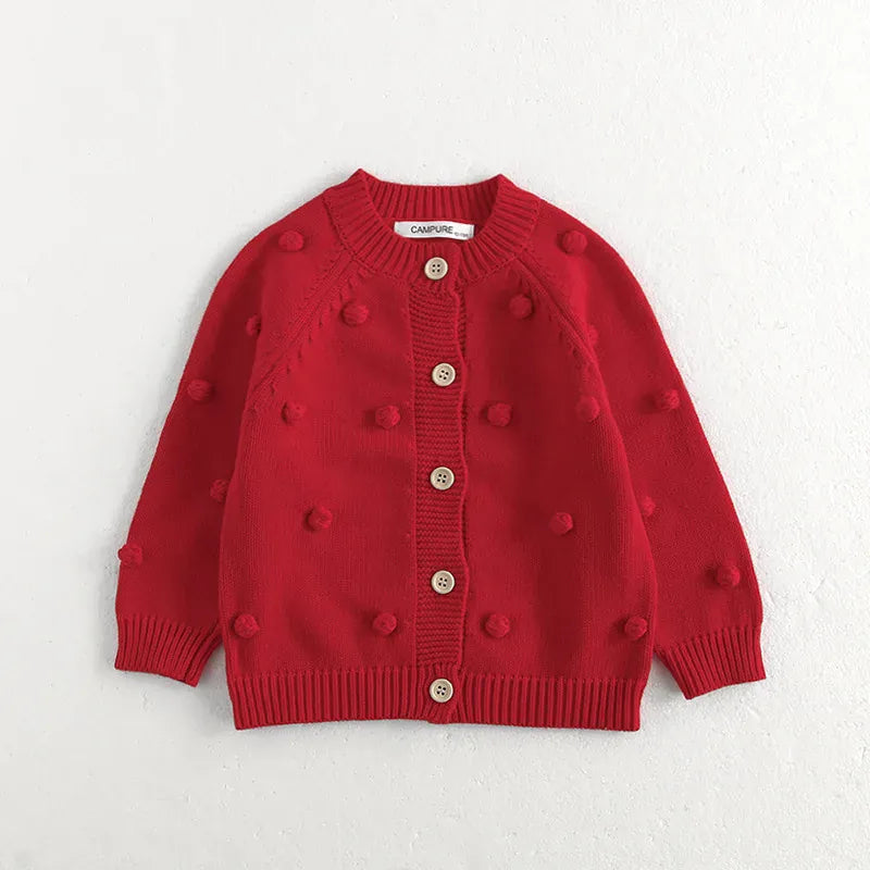 カーディガン・パーカー Red / 70cm 6-12M キッズカーディガン ぽんぽん水玉長袖ニットジャケット【mh0008802】