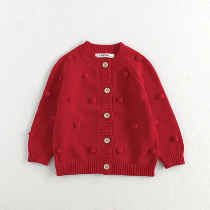 カーディガン・パーカー Red / 70cm 6-12M キッズカーディガン ぽんぽん水玉長袖ニットジャケット【mh0008802】