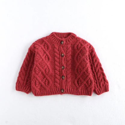 カーディガン・パーカー Red / 80cm 12M キッズカーディガン アラン編みケーブルニットざっくり長袖ジャケット【mh0008050】