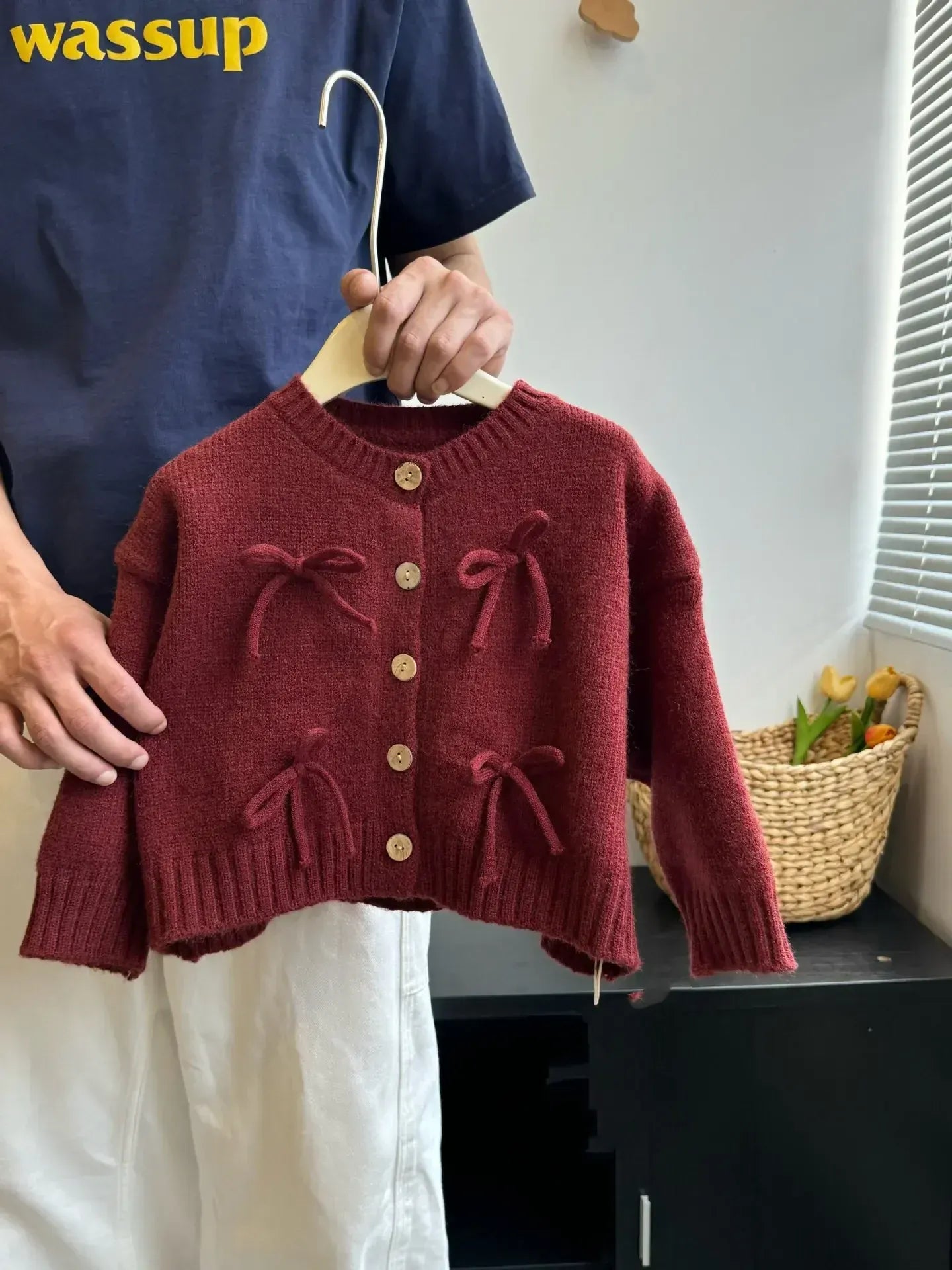 長袖セットアップ Red / 90cm 1-2y ベビーカーディガン/トップス/パンツ リボン長袖ニットジャケット/ラッフル襟長袖パフスリーブTシャツ/フラワープリントロングパンツ【mh0007534】