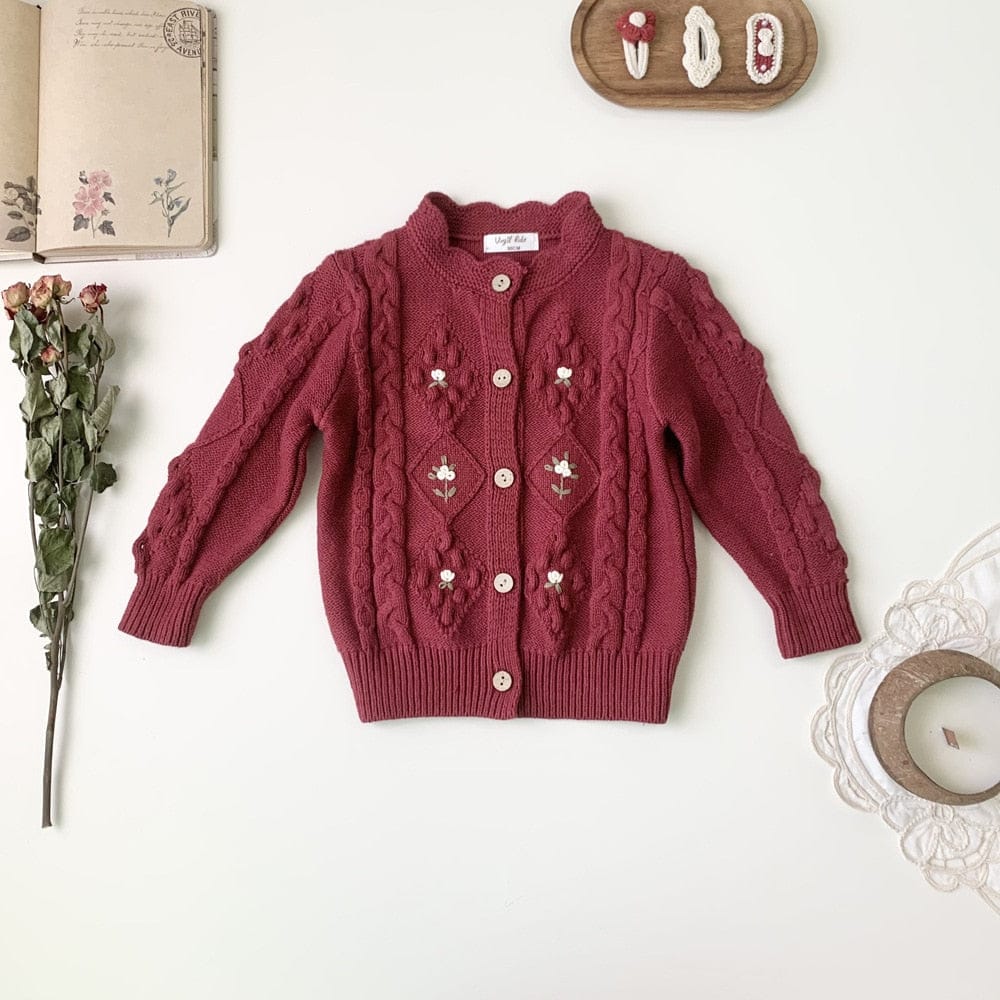 カーディガン・パーカー red / 90cm キッズ ニット フラワー 刺繍 カーディガン ジャケット ベージュ レッド 2色 ガールズ 女の子