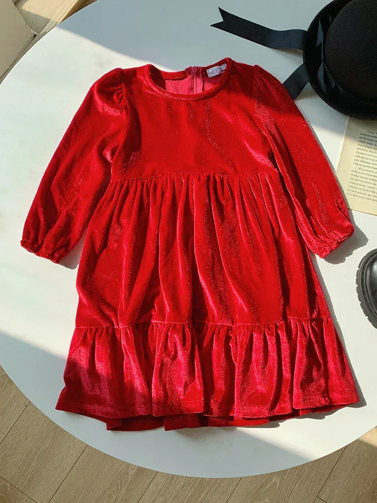 長袖ワンピース red / 90cm キッズワンピース ベロア調長袖ワンピース パーティドレス お出かけ 4カラー