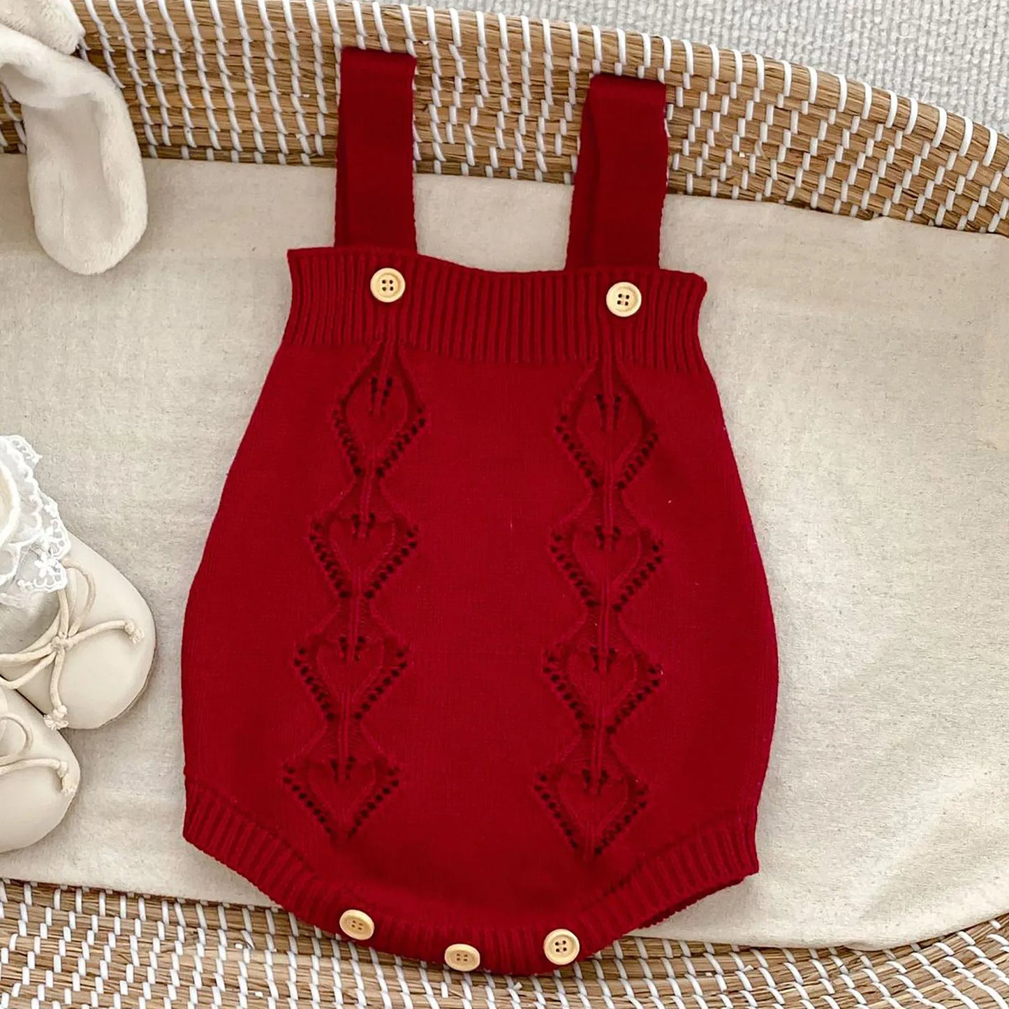 ロンパースセットアップ red bodysuit / 3-6M 66cm ベビーカーディガン/ロンパース ニットジャケット/ニットサスペンダーボディスーツ 2カラー【mh0006458】