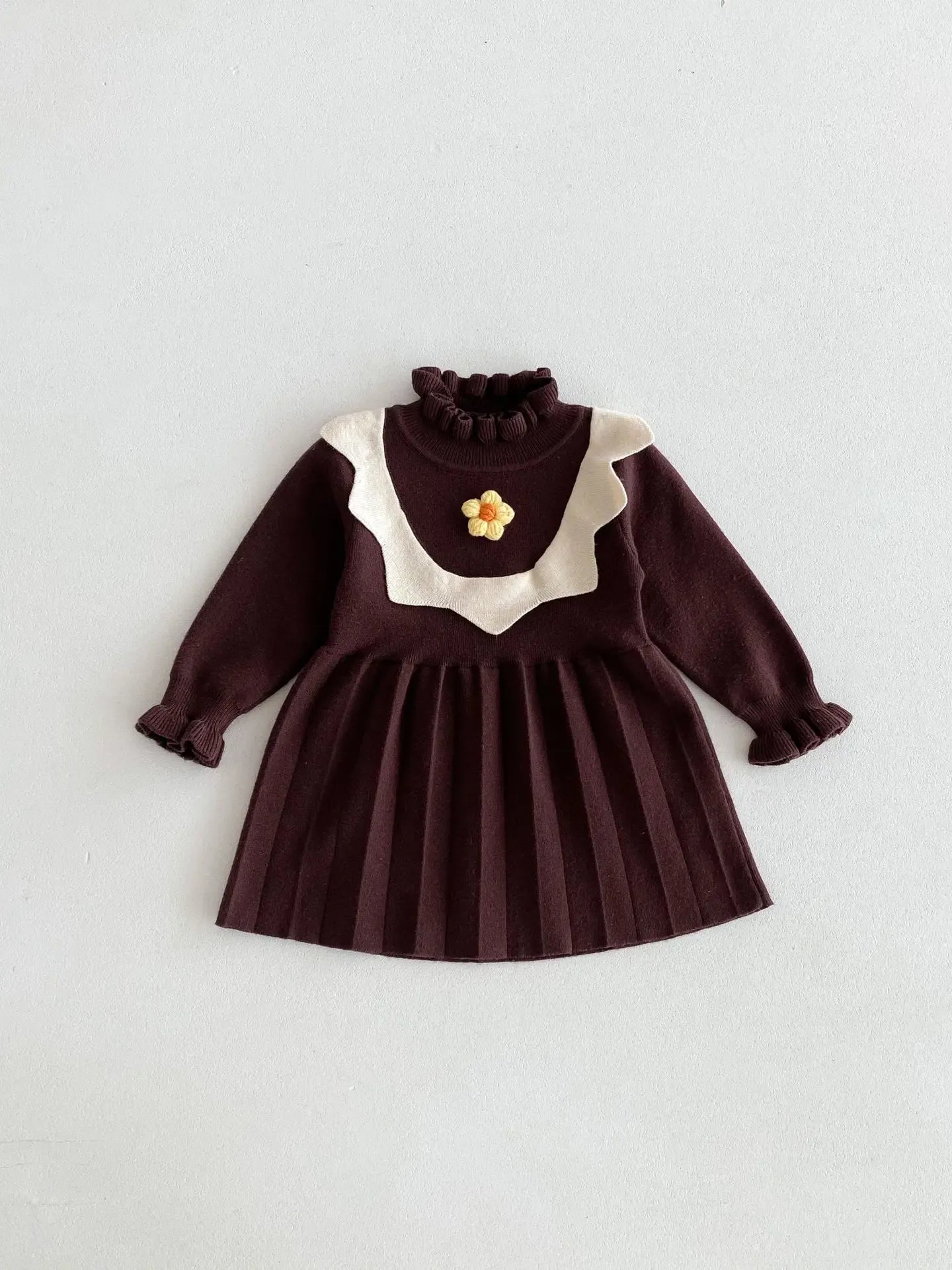 長袖ワンピース Red Brown / 73cm ベビーキッズワンピース ニットフラワー長袖ワンピース 2カラー【mh0007327】