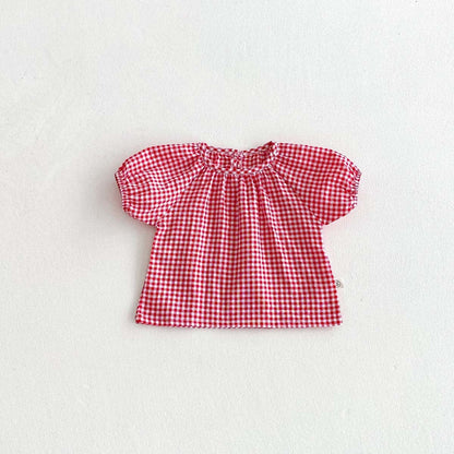 ロンパースセットアップ Red check top / 66cm チェック半袖スモックブラウス/リボンデニムサスペンダーロンパース【mh0009764】