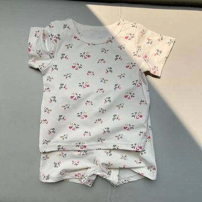 半袖パジャマ red floral / 9M  73cm ベビーパジャマセット 半袖Tシャツ+ショートパンツ フラワー小花柄レモン洋梨プリント ルームウェア