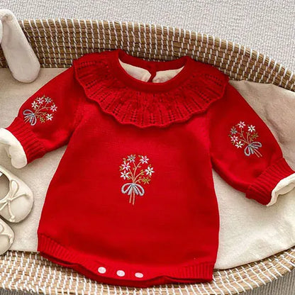 長袖ロンパース red fur / 66cm / 取り寄せ（7〜21日） ベビー長袖ロンパース ニット裏フリース フラワー 花柄刺繍 フリルカラー レッド ベージュ 2カラー ガールズ 女の子 子供服