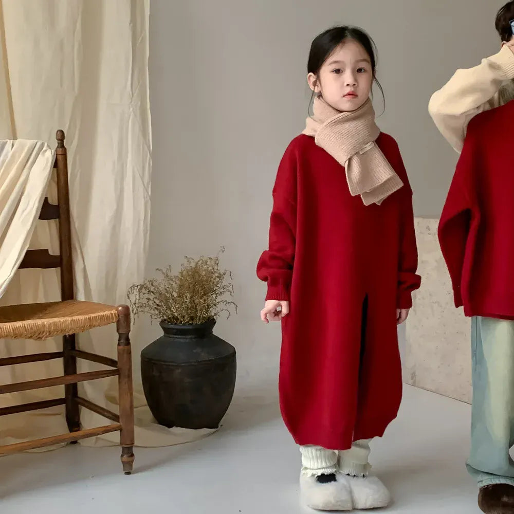 ニット・セーター red girl style / 90cm キッズセータートップス ニット長袖ワンピース レッド リンクコーデ 兄弟 姉妹 お揃いコーデ ユニセックス 男の子 女の子 子供服