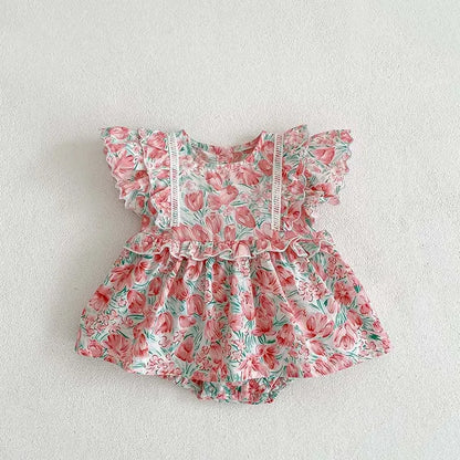 半袖ロンパース red print / 66cm 0-6m ベビーロンパース 半袖フリルスカートボディスーツ フラワー花柄プリント