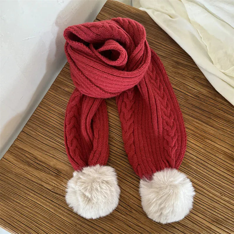 ベビー用帽子 red scarf / One Size キッズ帽子/マフラー ポンポン付きニットキャップ/ポンポン付きネックウォーマーマフラー【mh0008192】