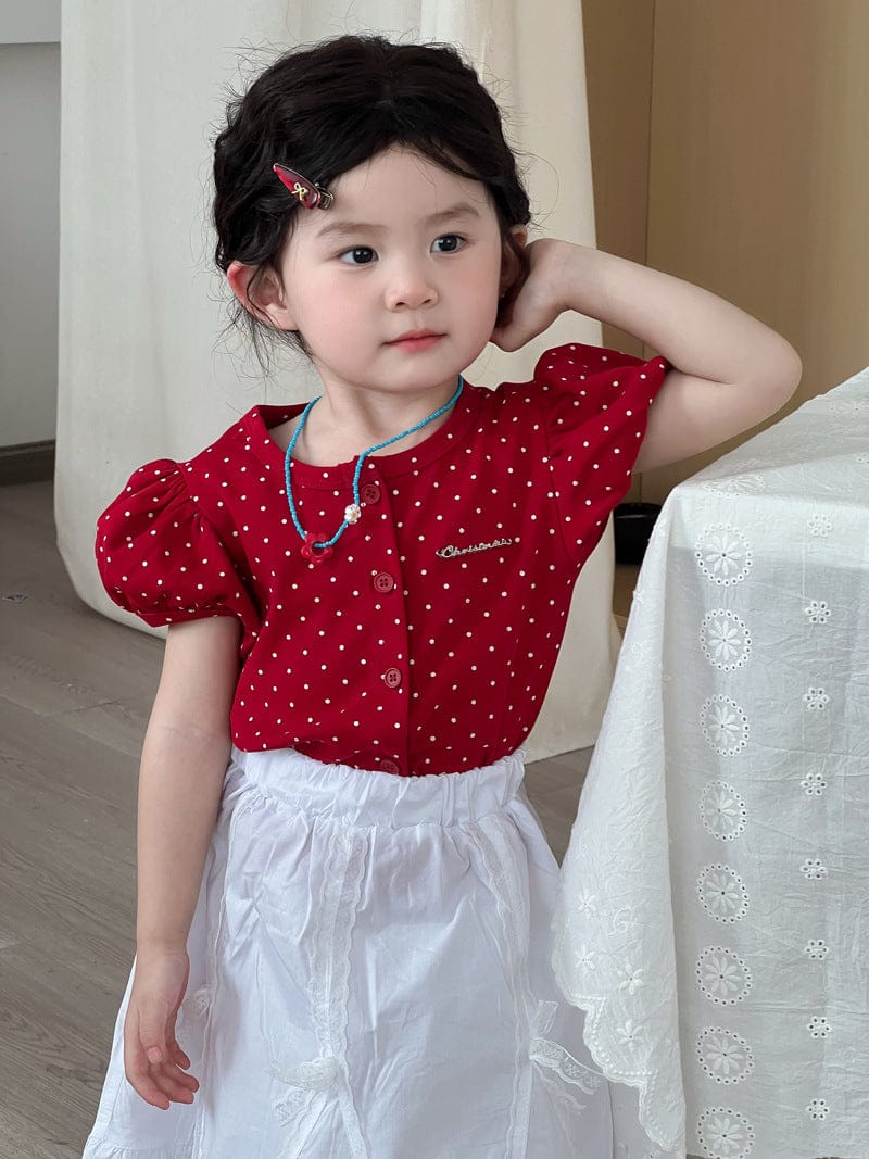 半袖セットアップ Red short sleeve / 90cm 水玉プリント半袖パフスリーブブラウス/レースフリルスカート【mh0009728】